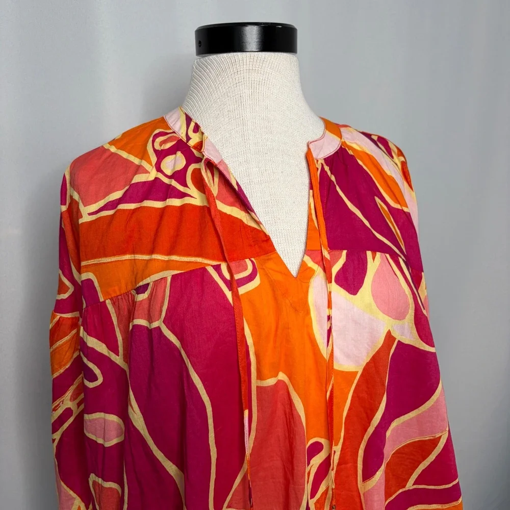 Christian Siriano New York Womens Orange Pink Abstract Cotton Tassel Tunic Top M
